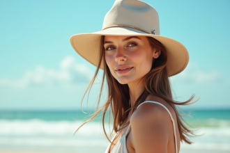 Jeune femme sur la plage portant un chapeau large et venté