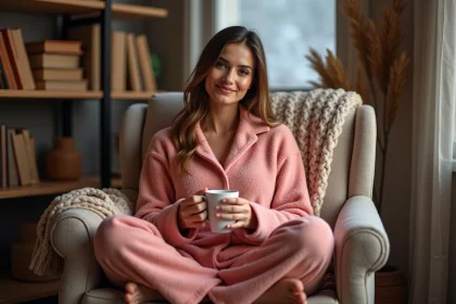 Femme adulte en pyjama pilou pilou rose corail assise dans un fauteuil cosy tenant une tasse, ambiance hivernale chaleureuse