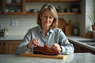 Femme assise à la cuisine qui étire une chaussure en cuir