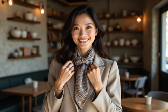 Femme élégante ajustant son foulard dans un café parisien