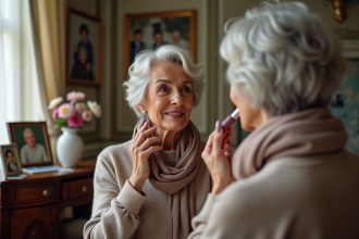 Femme senior appliquant rouge à lèvres en miroir