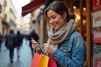 Femme souriante dans une boutique espagnole lors des soldes