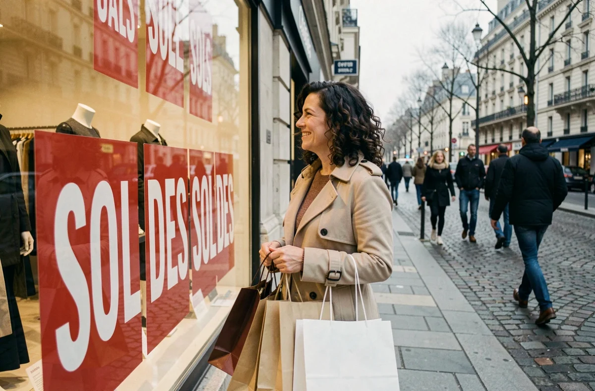 Femme souriante tenant des sacs de shopping devant une vitrine de soldes en hiver dans une rue parisienne