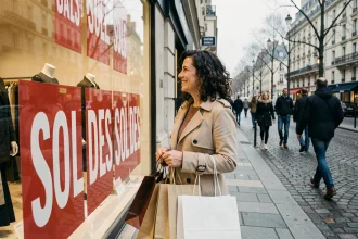Femme souriante tenant des sacs de shopping devant une vitrine de soldes en hiver dans une rue parisienne