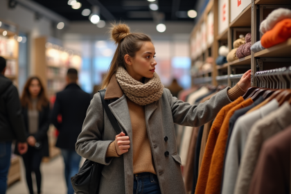 Jeune femme faisant du shopping hiver dans un grand magasin
