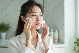 Femme asiatique appliquant une essence dans sa salle de bain