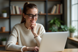 Femme souriante regardant des options de coiffure sur son ordinateur