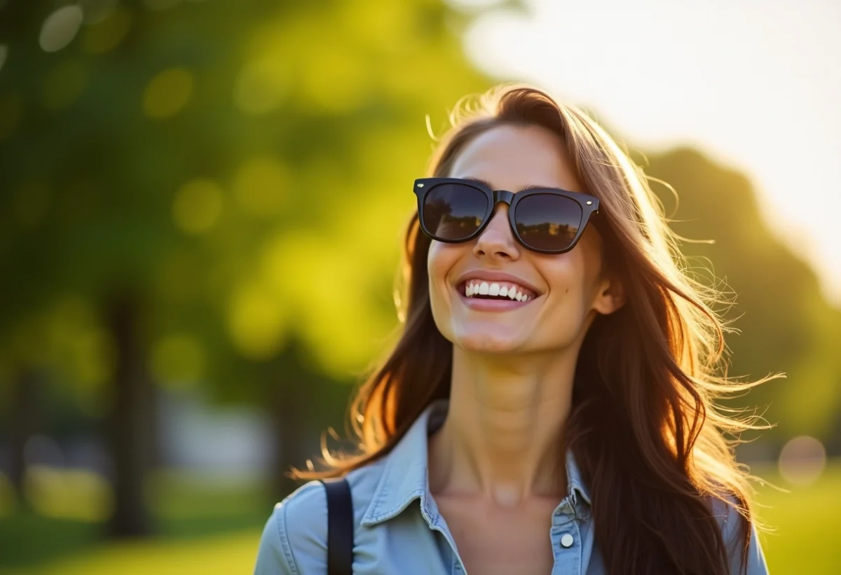 Femme souriante portant des lunettes de soleil en extérieur