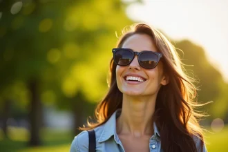 Femme souriante portant des lunettes de soleil en extérieur