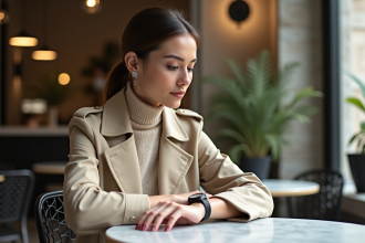 Femme élégante regardant sa montre dans un café contemporain