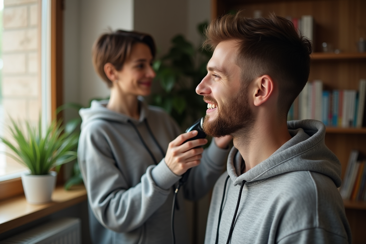 Femme taillant la barbe de son partenaire dans un appartement lumineux