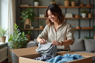 Femme souriante ployant des vetements d'occasion dans un salon cosy