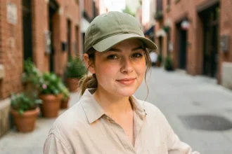 Femme avec un visage rond portant une casquette structurée verte en ville pour affiner les traits du visage