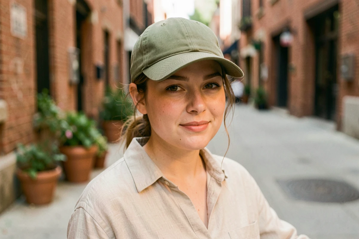 Femme avec un visage rond portant une casquette structurée verte en ville pour affiner les traits du visage