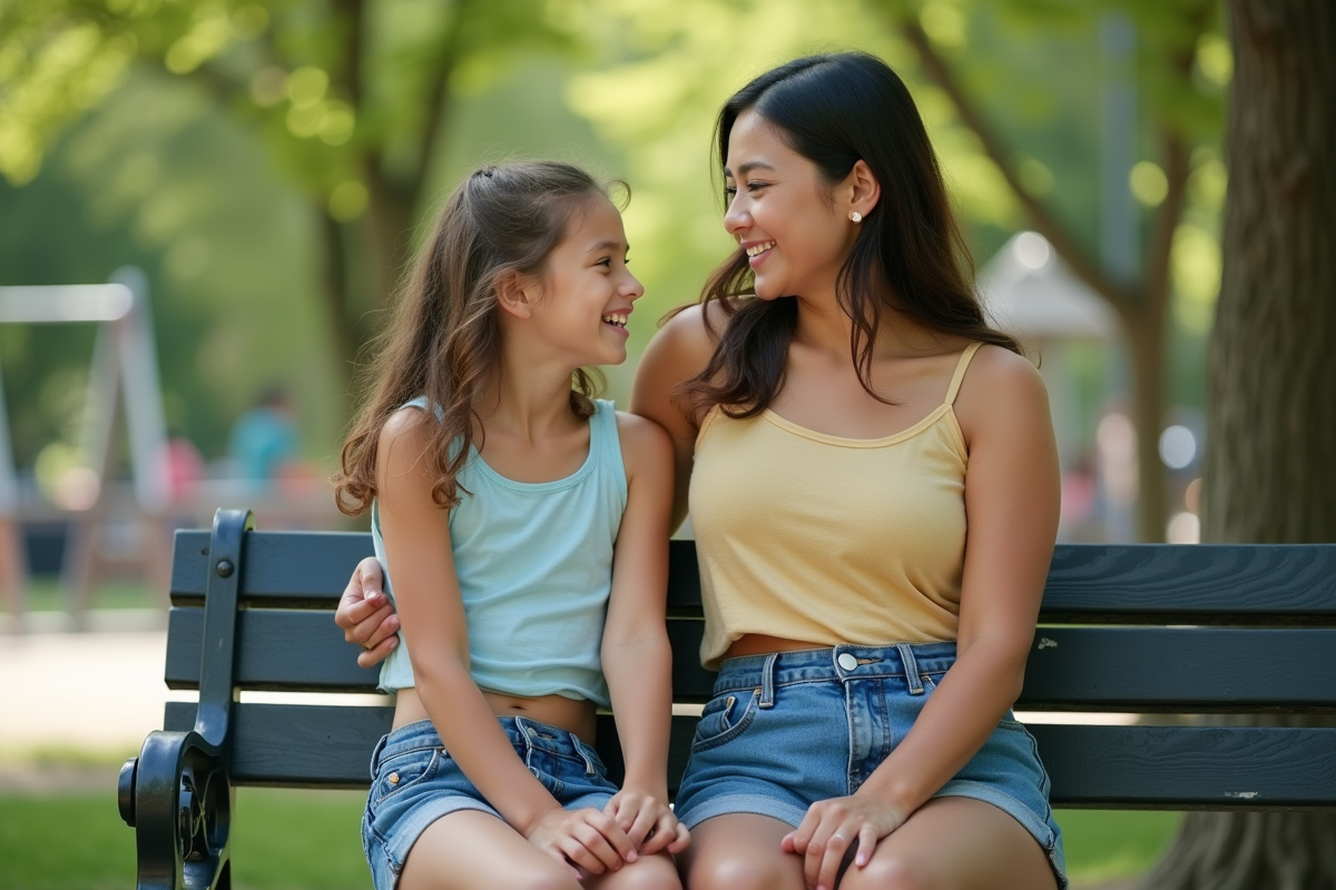 Fille et mère discutant sur un banc dans un parc urbain
