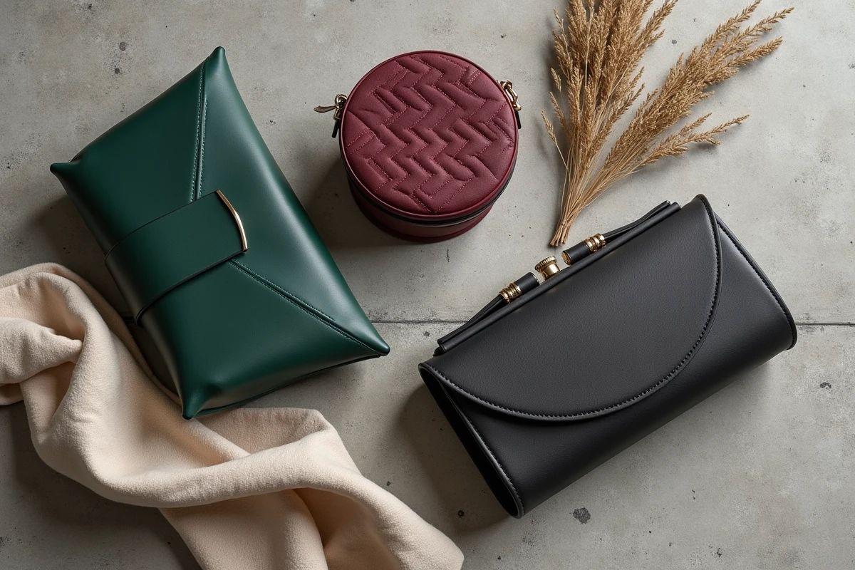 Flat lay de trois sacs à main aux formes géométriques innovantes tendance 2026, cuir vert, bordeaux et noir mat sur béton