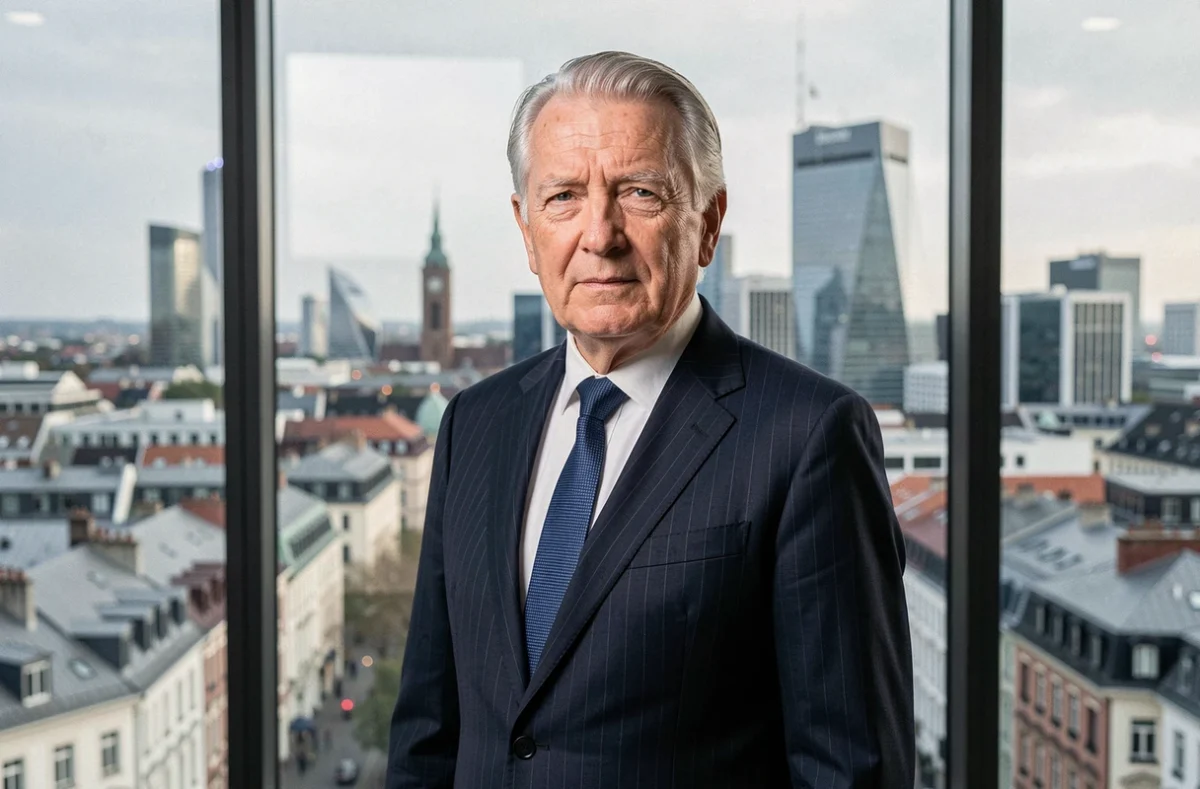 Portrait d'un entrepreneur âgé en costume sombre devant une fenêtre avec vue sur une ville européenne moderne, illustrant la réussite d'un fondateur de empire mondial de la mode
