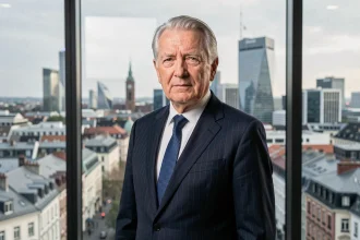 Portrait d'un entrepreneur âgé en costume sombre devant une fenêtre avec vue sur une ville européenne moderne, illustrant la réussite d'un fondateur de empire mondial de la mode