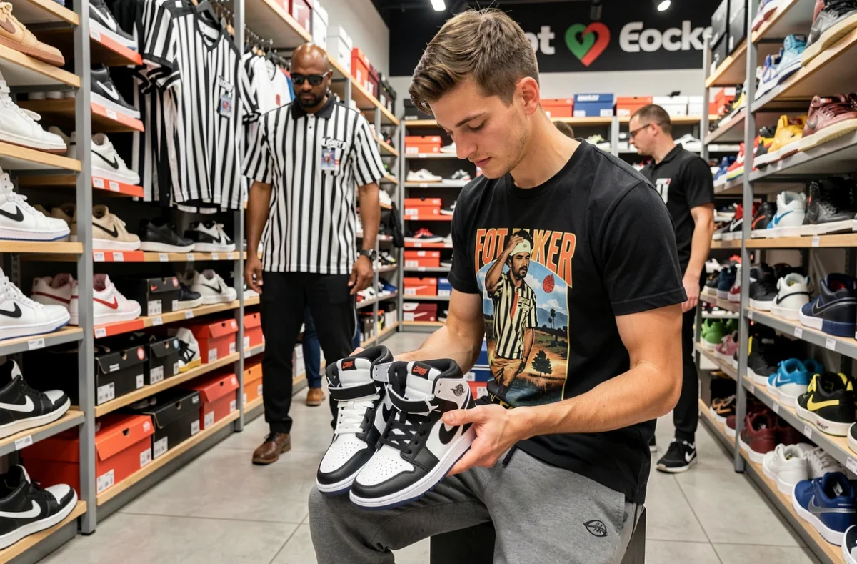 Un client inspectant des sneakers haute performance dans le magasin Foot Locker de Tours