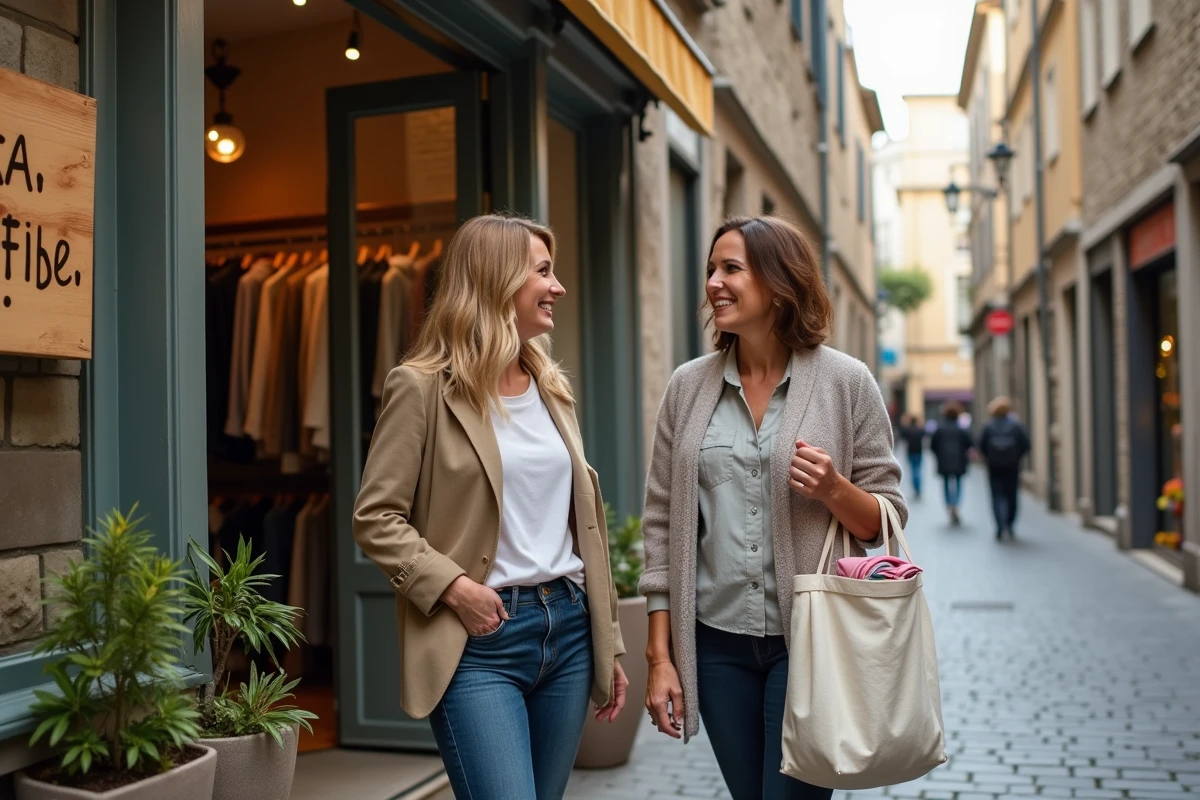 Deux femmes discutant devant une friperie locale dans une rue pavée, tenant un sac réutilisable rempli de vêtements chinés
