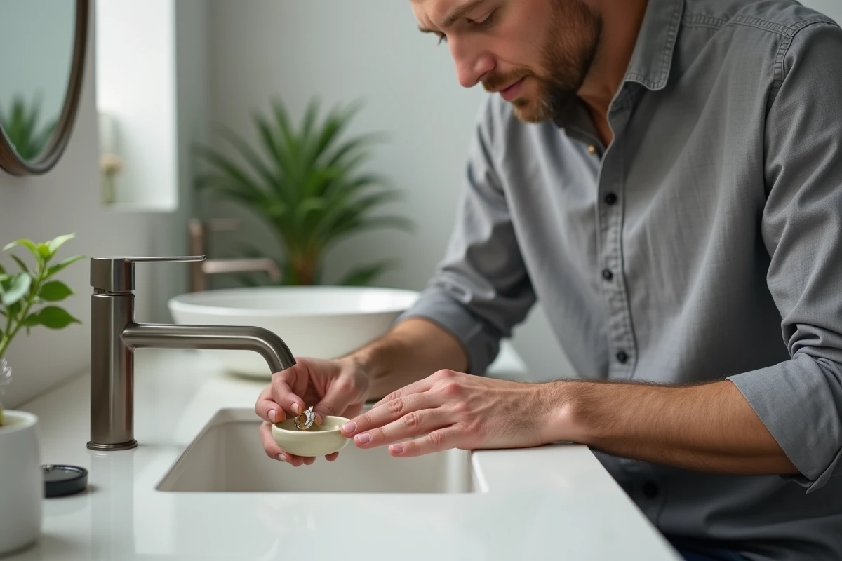 Homme retirant sa chevalière en or blanc avant de se laver les mains pour préserver la bague