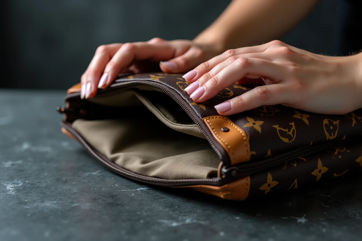 Gros plan sur la doublure intérieure et le cuir d'un sac Louis Vuitton pour vérifier l'authenticité des matériaux