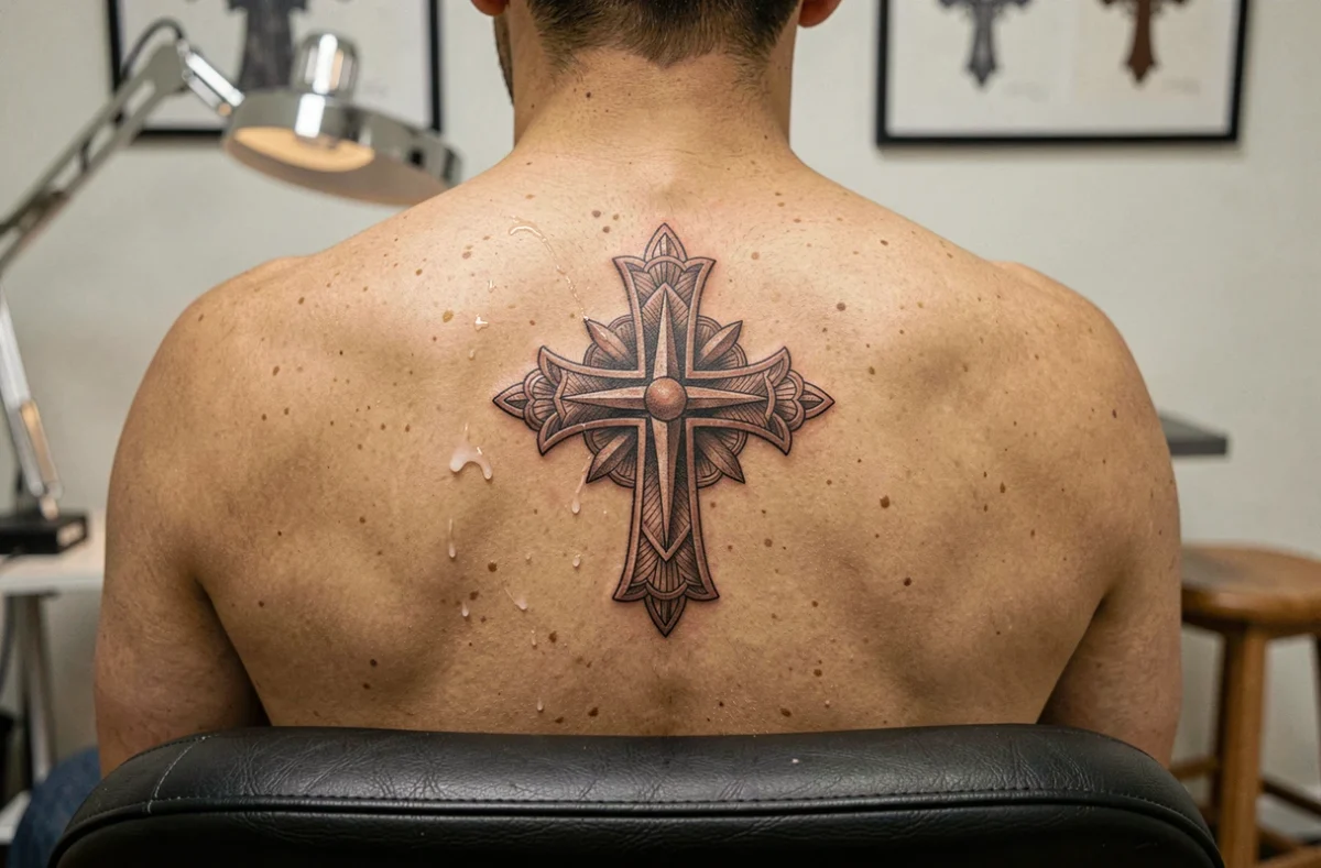Gros plan d'un tatouage croix du Portugal fraîchement réalisé dans le haut du dos avec détails de l'encre