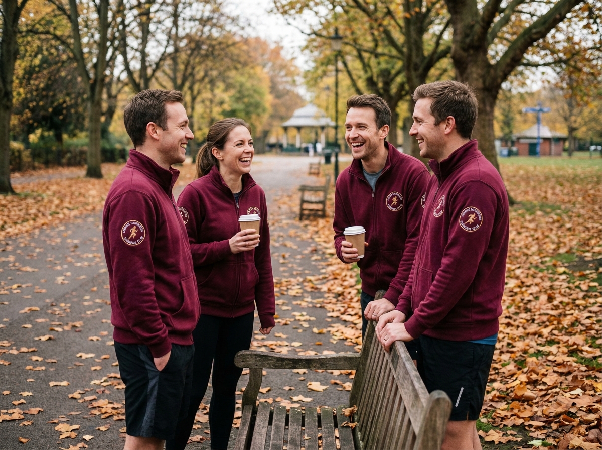 Groupe de coureurs amateurs en sweats assortis autour d'un banc dans un parc en automne