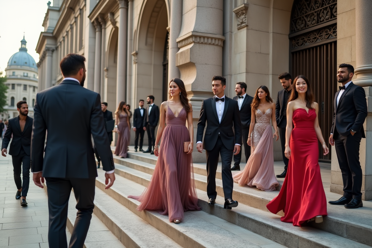 Groupe de personnes en tenue de soirée devant monument