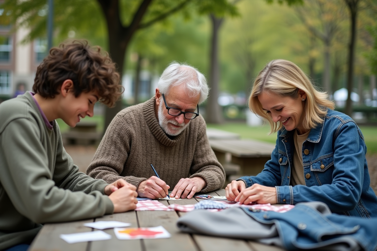 Groupe multigenerations cousant ensemble en plein air