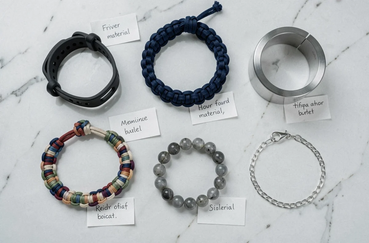 Vue aérienne de six bracelets de matières différentes sur marbre blanc avec étiquettes manuscrites