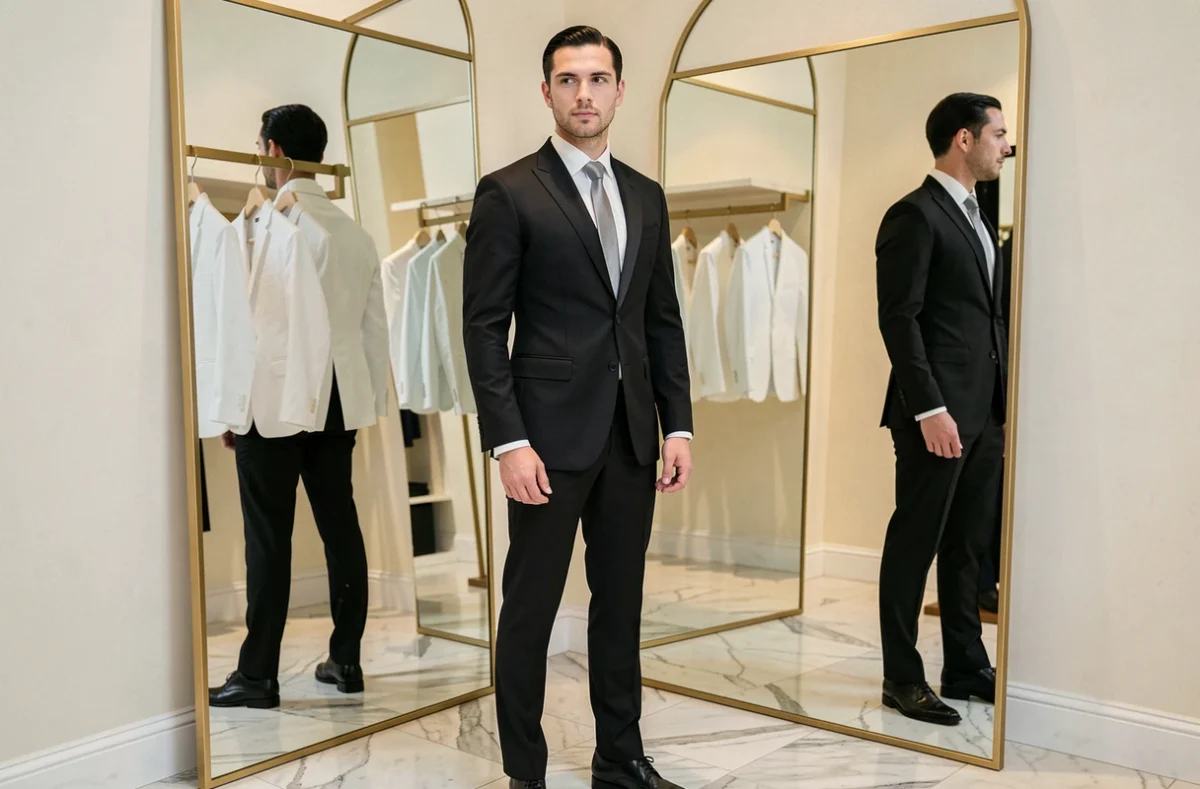 Un homme en costume de cérémonie noir et chemise blanche devant un miroir dans une boutique Hexagone Paris Chic dans les Yvelines