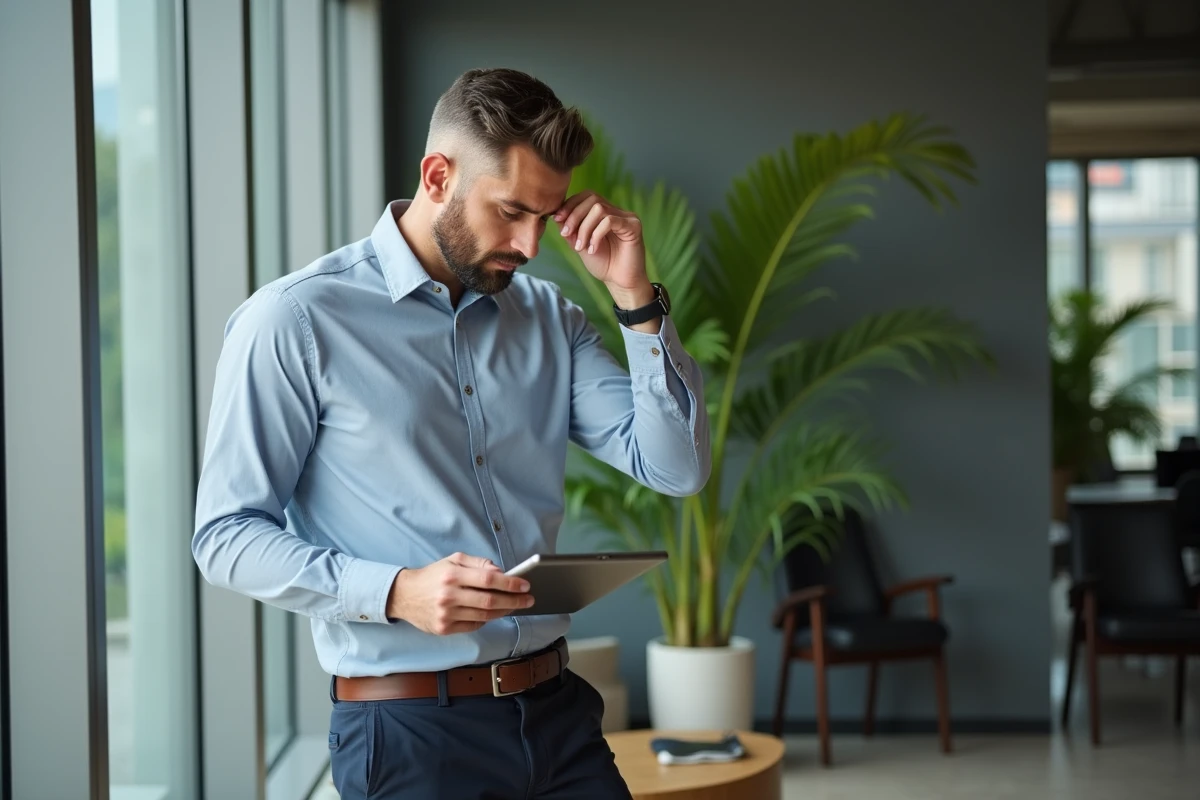 Homme d affaires regardant son tablet dans un bureau