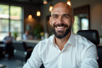 Homme chauve avec barbe soignee dans un barbershop moderne