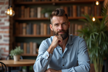 Homme d'âge moyen avec barbe ducktail dans un café chaleureux