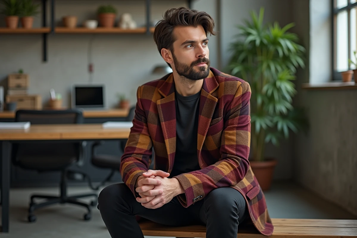 Homme assis en veste blazer vintage à carreaux des années 80 dans un loft industriel, look unique et authentique au style affirmé