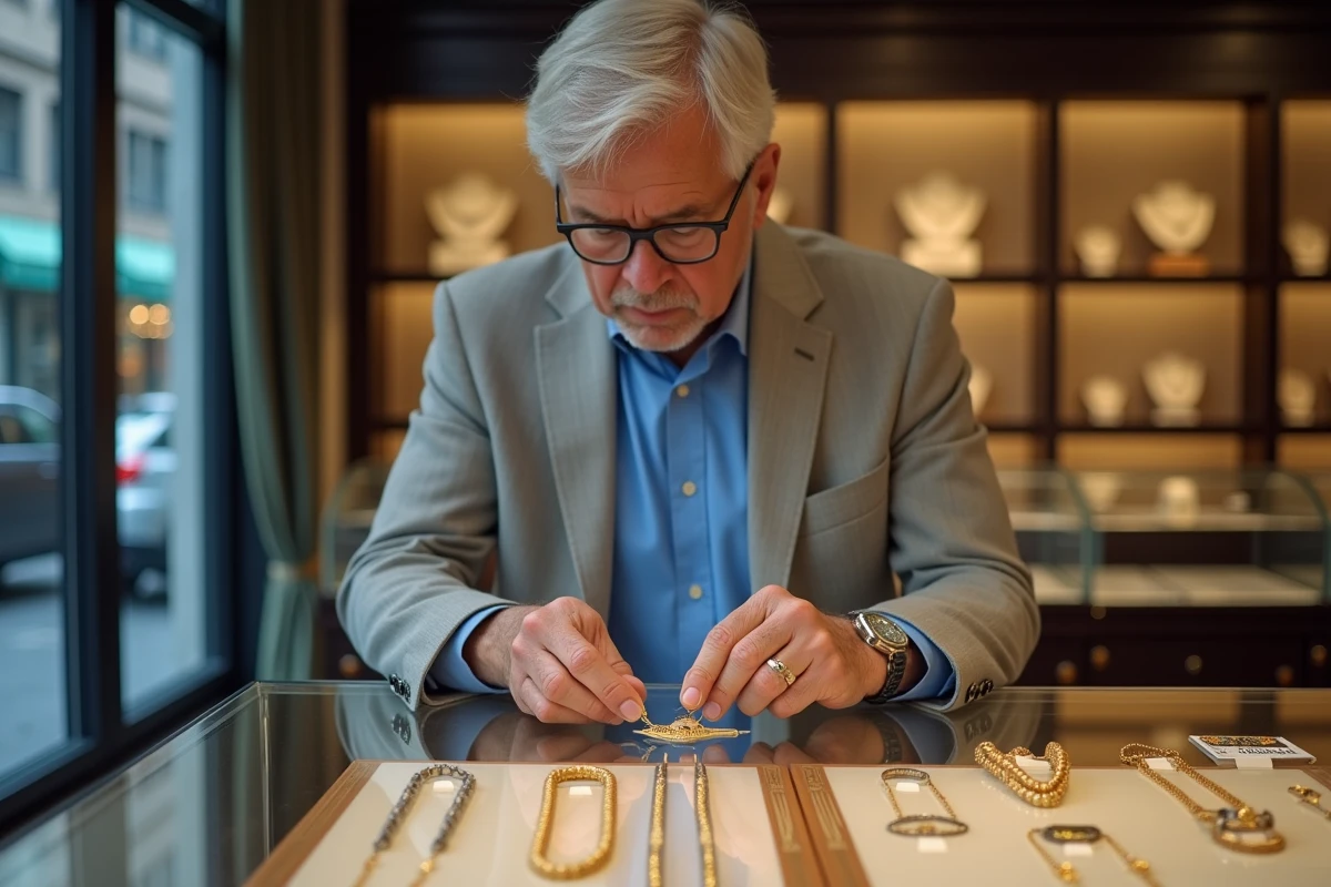 Homme compare deux chaînes en or dans une bijouterie