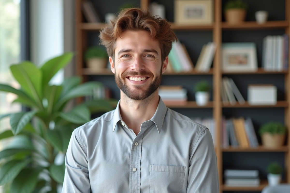 Jeune homme avec cheveux châtains dans un bureau lumineux