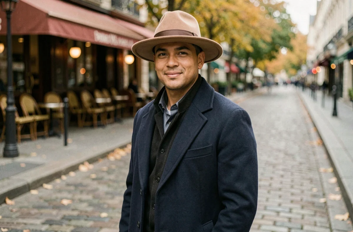 Homme aux traits ovales portant un chapeau fedora camel et un manteau en laine marine dans une rue pavée parisienne en automne