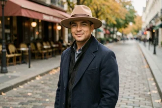 Homme aux traits ovales portant un chapeau fedora camel et un manteau en laine marine dans une rue pavée parisienne en automne