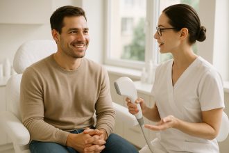 Homme confiant en clinique de beauté pour laser cheveux
