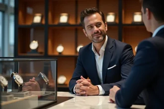 Homme en costume dans une boutique de montres de luxe