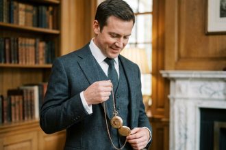 Homme élégant en costume trois pièces tenant une montre à gousset dorée ancienne dans un intérieur raffiné en bois sombre
