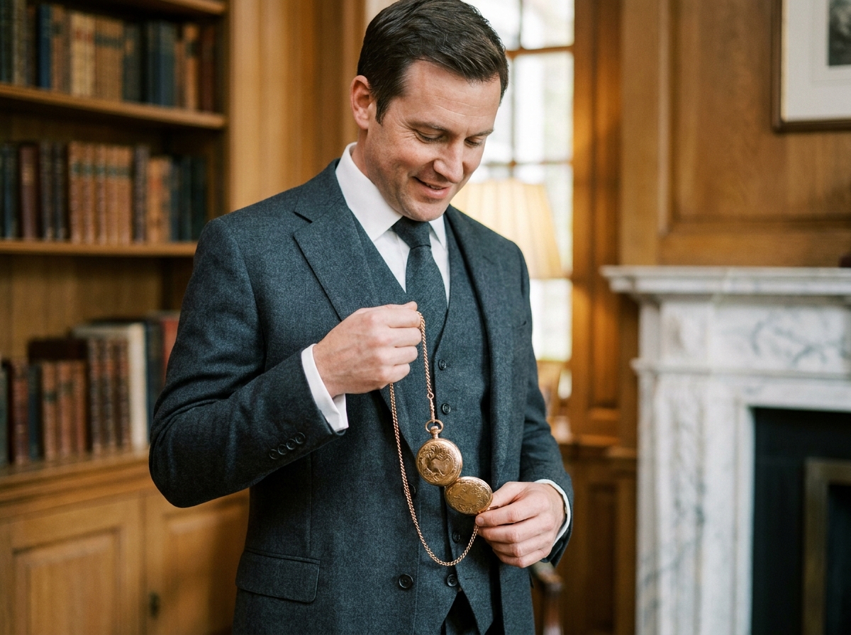 Homme élégant en costume trois pièces tenant une montre à gousset dorée ancienne dans un intérieur raffiné en bois sombre