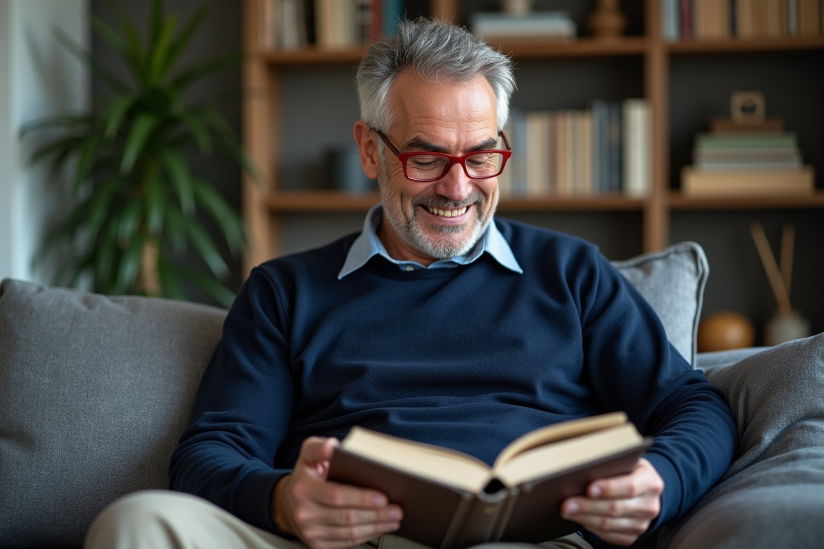 Homme d age moyen lisant un livre dans un salon cosy