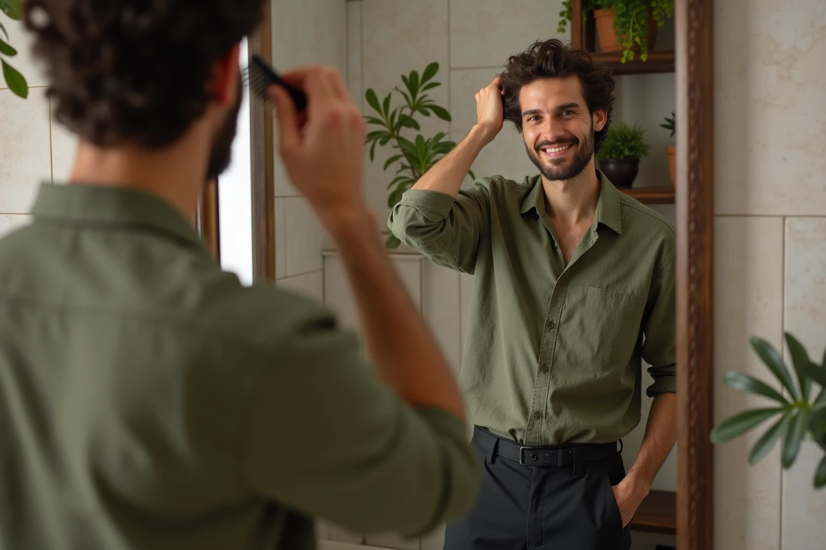 Homme souriant avec mullet dans sa salle de bain