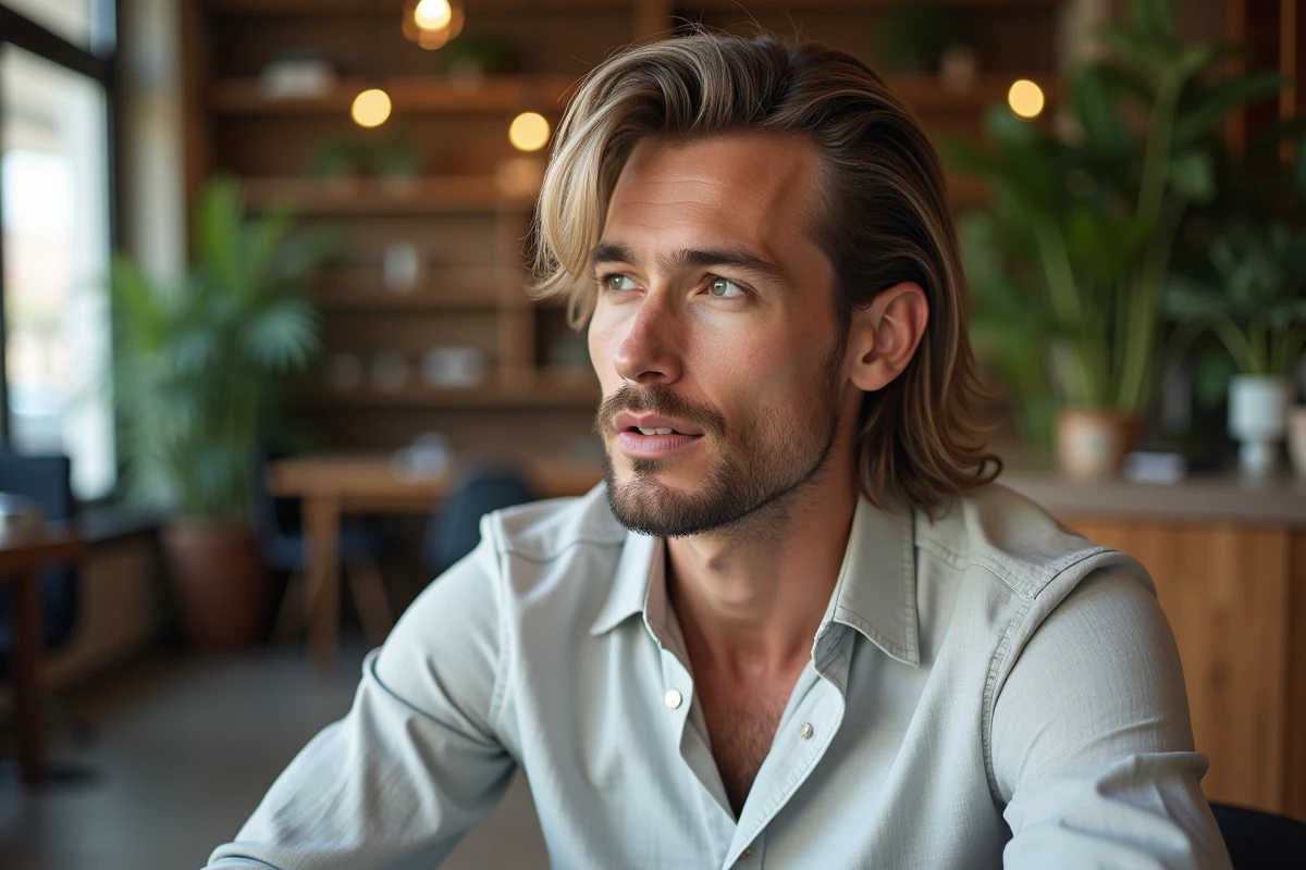 Homme avec mullet et streaks ash blonde en salon intérieur