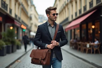 Homme élégant avec sacoche en cuir à Paris