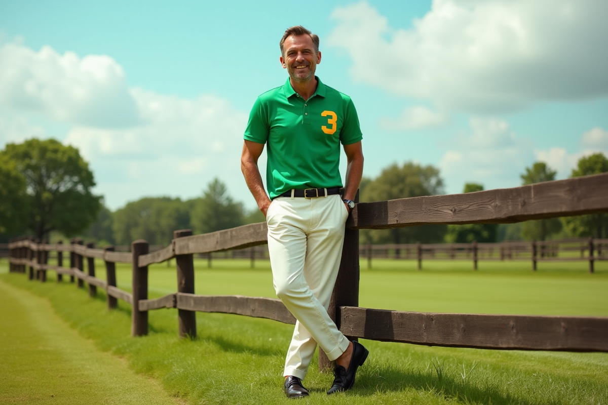 Homme en polo vert et chinos dans un terrain de polo