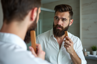 Homme barbu en train de se coiffer dans la salle de bain